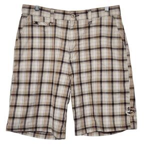 Split men's plaid shorts brown tan cream zip flat front size 33 waist